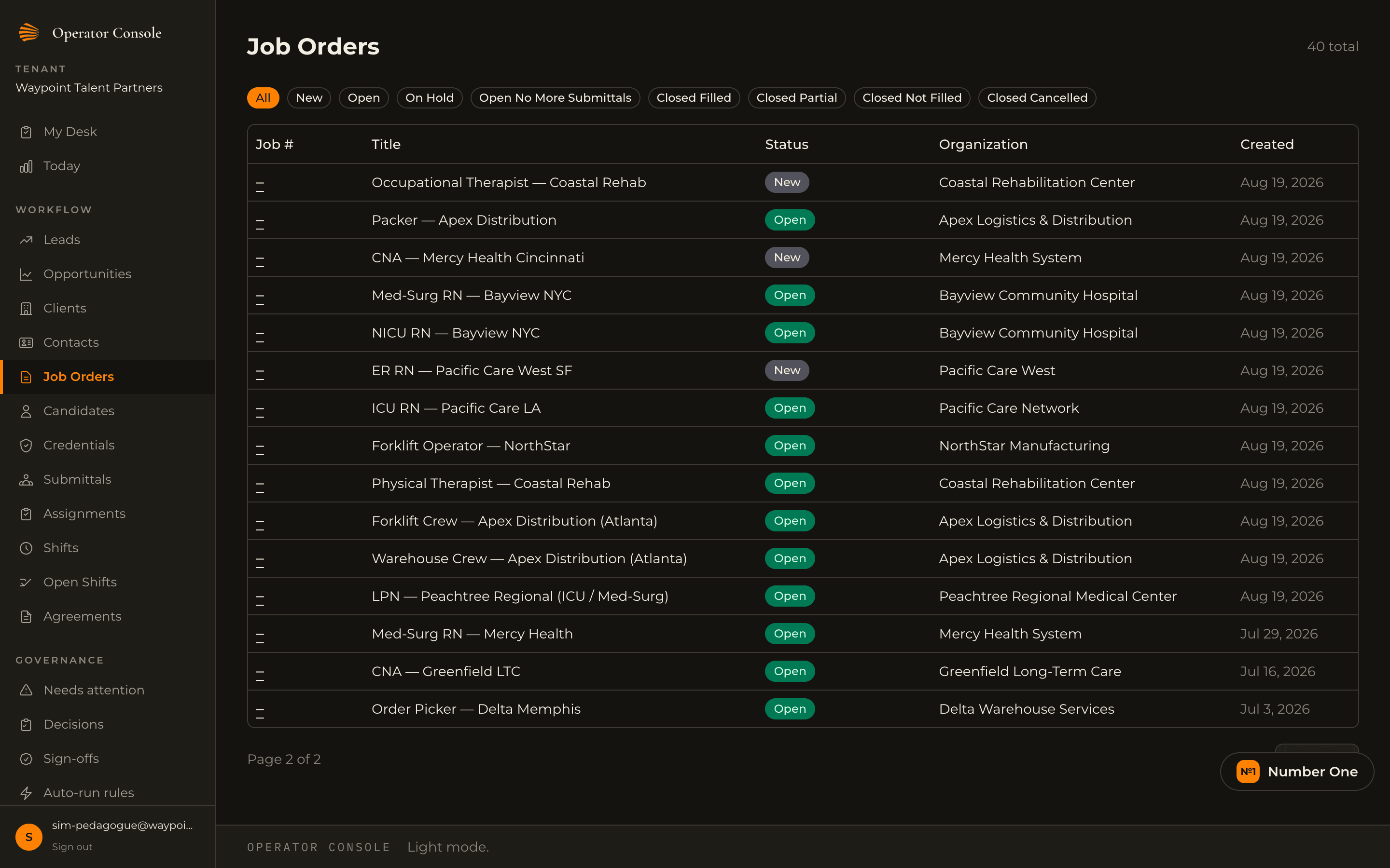 Job order list showing three orders created in July still marked Open.