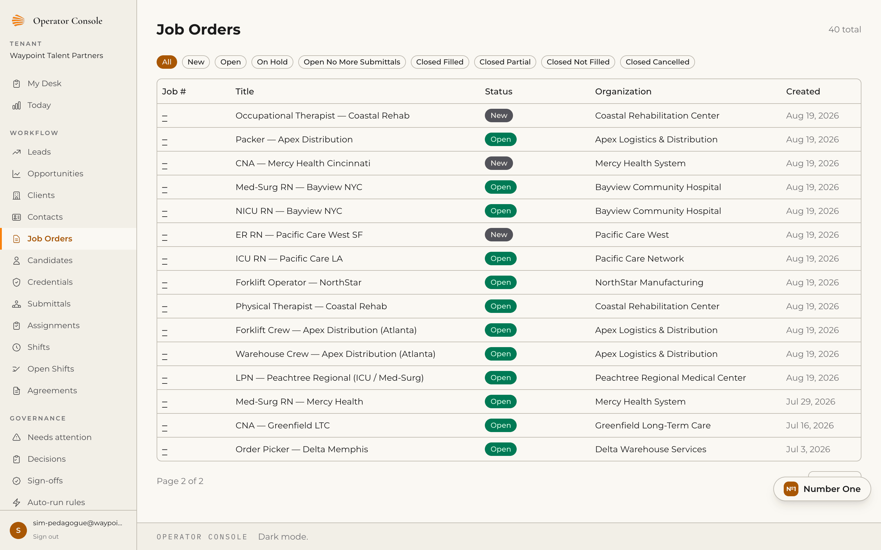 Job order list showing three orders created in July still marked Open.